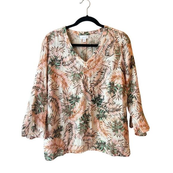 J. Jill Love Linen Palm Leaf Print Linen Blouse Sz S oversized Tropical Beach Bo - Picture 1 of 7